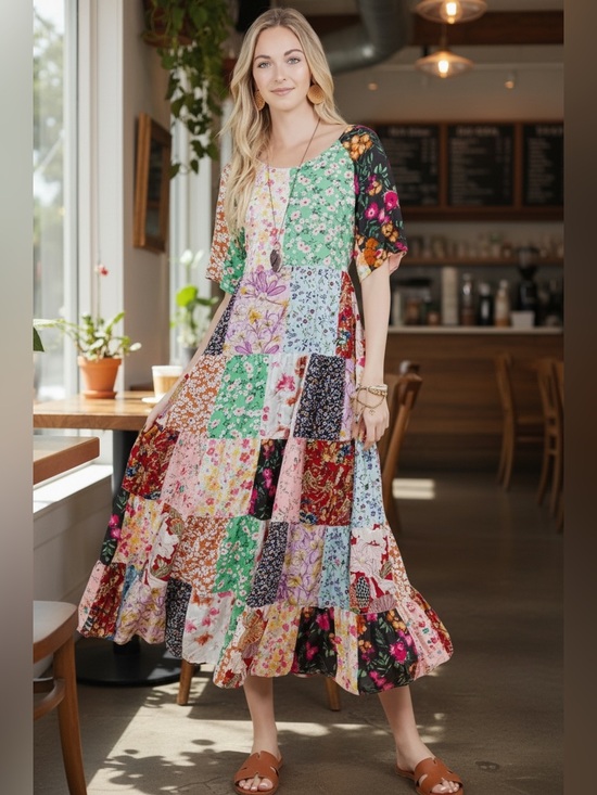Young Threads Dresses & Skirts - YOUNG THREADS Boho Multicolor Floral Patchwork Flowing Tiered Maxi Dress, M